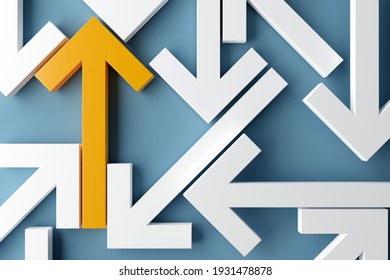 Many Arrows Pointing In Different Directions With One Arrow Showing Direction Over Blue Background, Solution, Strategy, Plan Or Success Concept, 3D Illustration