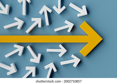 Many Arrows Pointing In Different Directions With One Arrow Showing Main Direction Over Blue Background, Solution, Strategy, Plan Or Success Concept, 3D Illustration