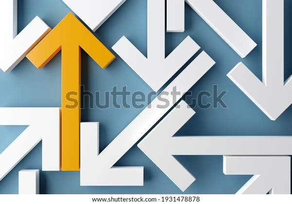 Many arrows pointing in\
different directions with one arrow showing direction over blue\
background, solution, strategy, plan or success concept, 3D\
illustration