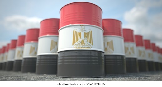 Many Barrels With Flag Of Egypt. Oil Or Chemical Industry Supply Related 3D Rendering