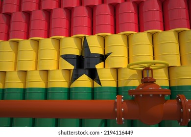 Many Barrels With Flag Of Ghana And Oil Pipe.  3D Rendering