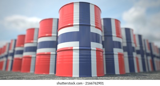 Many Barrels With Flag Of Norway. Oil Or Chemical Industry Supply Related 3D Rendering