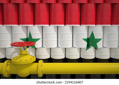 Many Barrels With Petrochemicals With Flag Of Syria And Gas Pipe.  3D Rendering