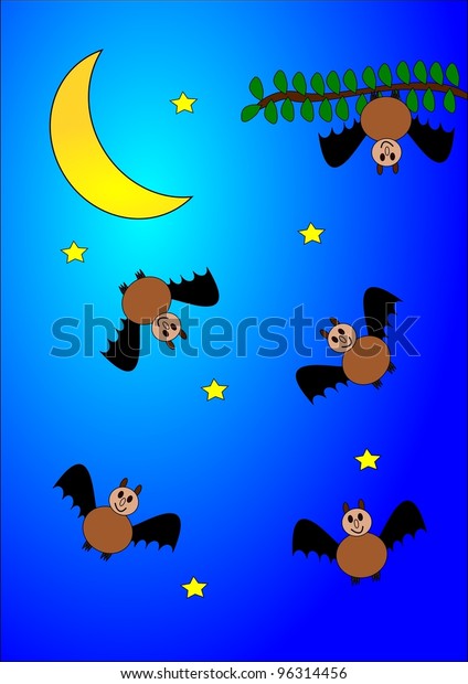 Many bats, stars\
and moon, as an\
illustration