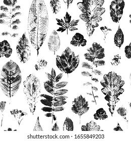Many black handmade ink leaves stamps scattered on white background. Natural autumn, fall seamless pattern.Printing on fabric, card. Stylish decoration for social media, blog post, interior design.
