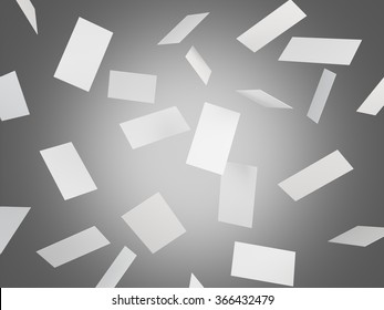 Many Blank Business Cards Falling, Grey Background. Concept Of Business Contact. 3D Rendering