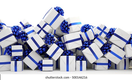 Many Blue Christmas Presents On A Pile (3D Rendering)