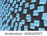 Many blue stickers on black board background with symbol of Macedonia denar drawn on them. Closeup view with narrow depth of field and selective focus. 3d render, illustration