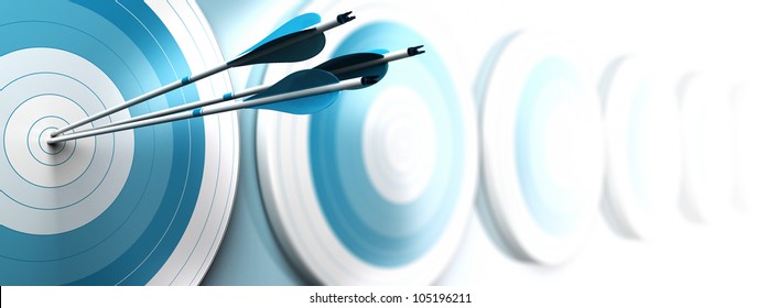 many blue targets and three arrows reaching the center of the first one, fading from blue to white blur effect, horizontal format banner. Strategic marketing or business competitive advantage concept.