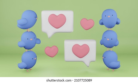 Many Bluebirds And Speech Balloons With Heart Icon 3D Illustration CG