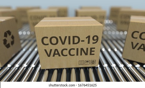 Many boxes with COVID-19 coronavirus disease vaccine on conveyors. 3D rendering