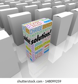 Many boxes on a store shelf, one with the word Solution to illustrate your best choice for solving your problem or overcoming a unique challenge