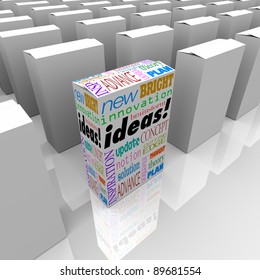Many boxes on a store shelf, one with the word Ideas stands out from the rest and offers the best opportunity for new ideas and innovation