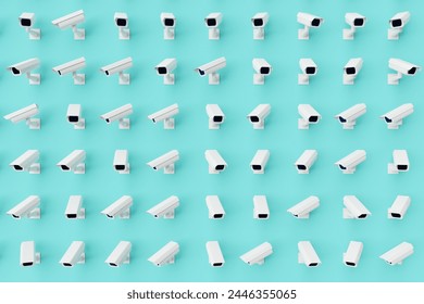Many cctv on turquoise background. Top flat view, cameras looking at all directions. 3d render, illustration