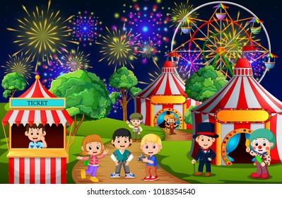 Many Children And People Worker Having Fun In Amusement Park At Night