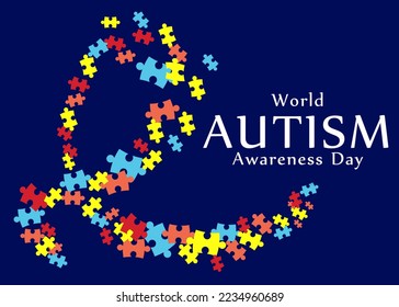 Many colorful puzzle pieces and text World Autism Awareness Day on dark blue background - Powered by Shutterstock