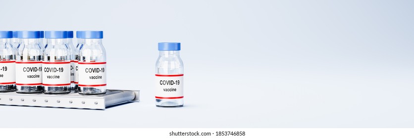 Many Covid 19 Vaccine Bottles On Conveyor Belt Roller On Light Blue Background With Copy Space 3D Render Illustration, Vaccine Production And Availability Concept