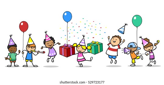 Many different kids celebrating birthday with balloons and gifts - Powered by Shutterstock