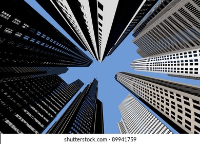 Many different skyscrapers from below with blue sky