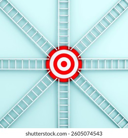 Many different ways to achieve the same result ladders and goal target dart board on light green blue pastel color background with shadow creative idea concept 3D rendering