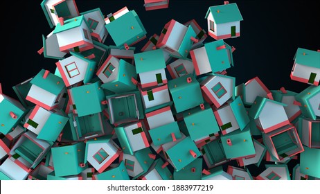 Many falling houses, computer generated. Oversupply in the real estate market. 3d rendering of comercial backdrop.