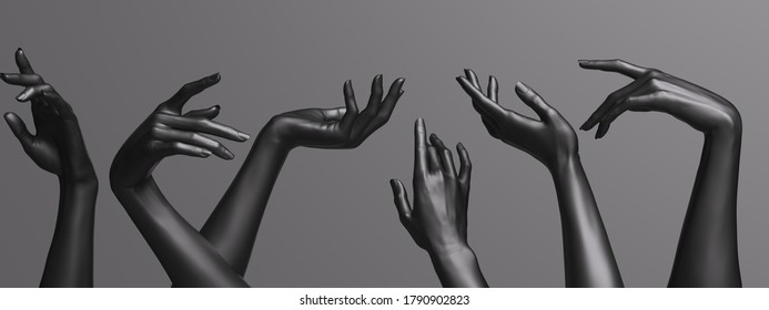 Many female hands elegant gesture, black mannequin hands up in a row – art fashion background. 3d rendering