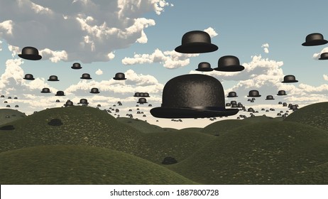 Many Floating Bowler Hats Surreal Landscape Stock Illustration   Many Floating Bowler Hats Surreal 260nw 1887800728 