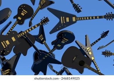 Many of flying electric guitars isolated on blue background. 3d render of concept for rock festival poster with spanish guitar for music shop - Powered by Shutterstock