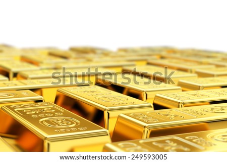 Many gold bars with shallow depth of field. Fictional logo on the gold bars.