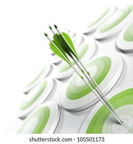 Many Green Targets And Three Arrows Reaching The Center Of Objective, Image Fading From Green To White With Blur Effect, Square Format. Strategic Marketing Or Business Competitive Advantage Concept.