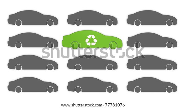 many grey cars with a green car in the middle.\
The grey color represents pollution, while the green one mean zero\
pollution (3d\
render)