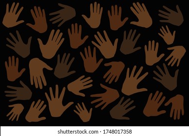 Many Hands On Dark Background, Stop Racism. Black Lives Matter. Interracial Community Unity. Protests Against Racism In America.  New Movement On The Rise