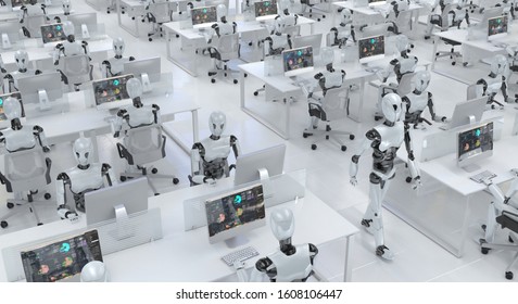 Many Identical Clone Robots Work In The Office Sitting At Desks With Computers. Future Concept Without People With Smart Robotics And Artificial Intelligence. 3D Rendering