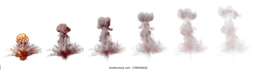 Many Images Of Big Bomb Explosion Mushroom Cloud With Fire And Fume Isolated On White Background - 3D Illustration Of Objects