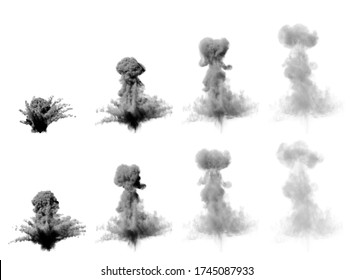 Many Images Of Big Grenade Explosion - Dense Mushroom Cloud Of Heavy Smoke Isolated On White Background - 3D Illustration Of Objects