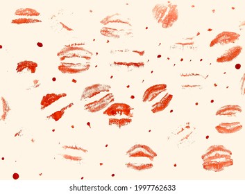 Many Kisses Proof On Soft Red Background. Expressing The Love By Kissing