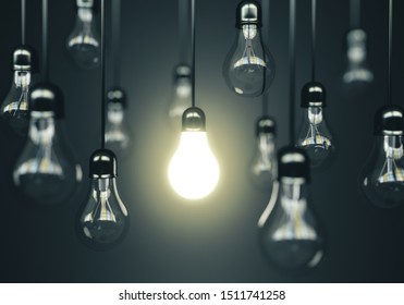 Many Light Bulbs And One Glows. Business Idea Concept. 3d Rendering