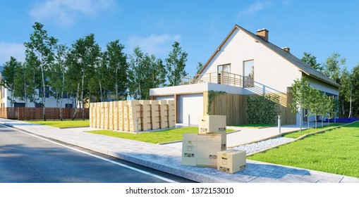 Many moving boxes stacked when moving in front of a single family home (3d rendering)