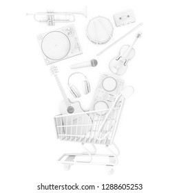 Many Musical Instruments Falling In Shopping Cart In Clay Style On A White Background. 3d Rendering 