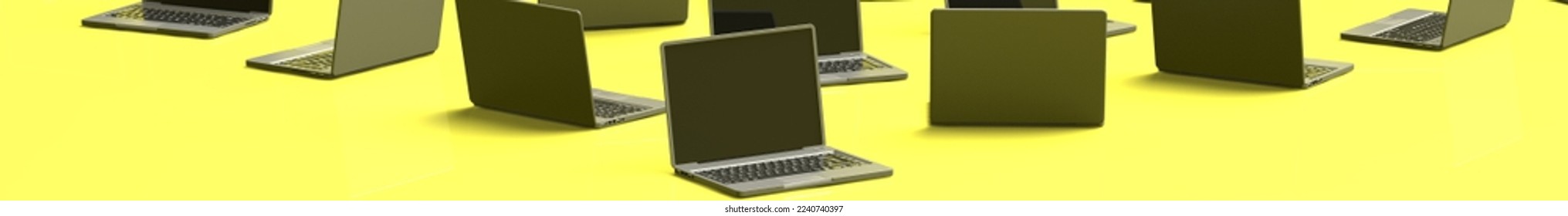 Many notebooks oriented in various directions on yellow board under yellow lighting background. Concept 3D CG of project role assignment and diversity of attendance patterns. Full banner size. 