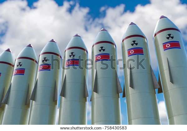 北朝鮮国旗を持つ多くの核ミサイル 3dレンダリングイラスト のイラスト素材