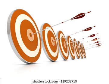 Many Orange Targets In A Row Plus Seven Arrows, Each Arrows Hit The Center Of One Target, Image Over White Background,