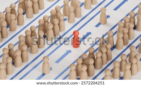 Many pawns in different rows. Priority pass, fast lane or VIP Privileges concept. 3d illustration.3D rendering on white background.
