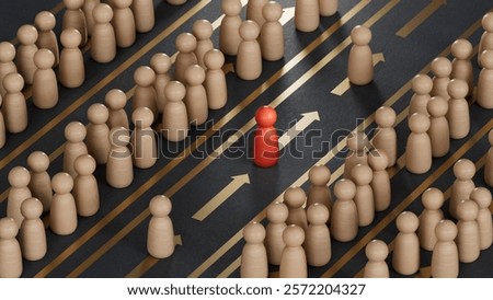 Many pawns in different rows. Priority pass, fast lane or VIP Privileges concept. 3d illustration.3D rendering on black background.