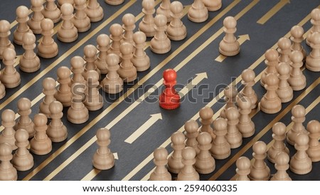 Many pawns in different rows. Priority pass, fast lane or VIP Privileges concept. 3d illustration.