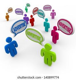 Many people talking with speech bubbles and the word Advertise to illustrate promotion and marketing of a product or company