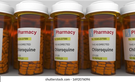 Many Pharmacy Vials With Chloroquine Generic Drug Pills As A Possible Coronavirus Disease Treatment. 3D Rendering