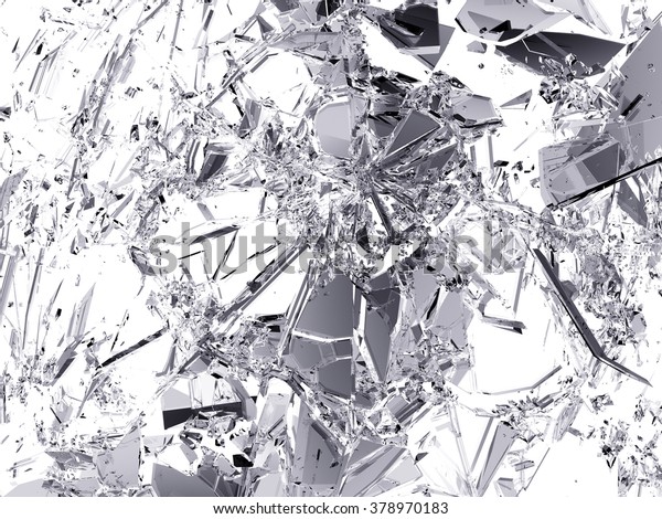 Many\
pieces of broken and Shattered glass on white.\
