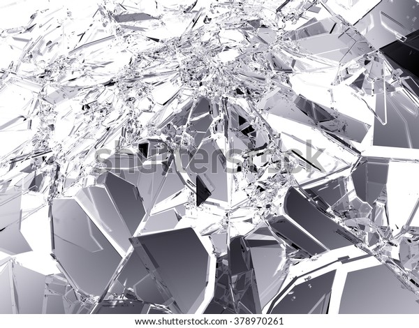 Many\
pieces of broken and Shattered glass on white.\
