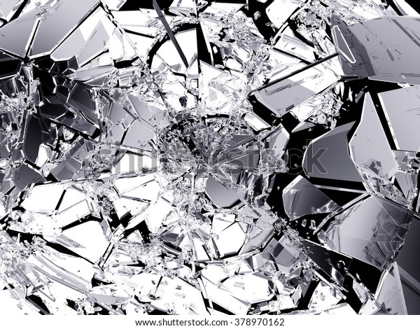 Many pieces of shattered glass isolated over\
black background.